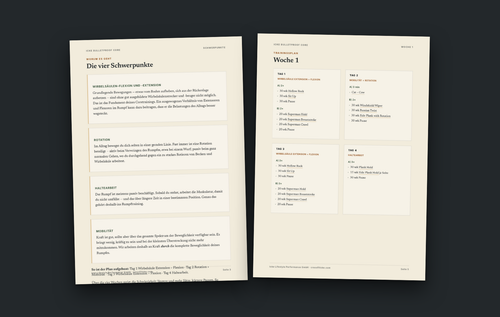 Zwei Innenseiten aus dem eBook Bulletproof Core: Schwerpunkte und Trainingsplan Woche 1
