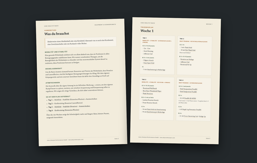 Zwei Innenseiten aus dem eBook Icke Healthy Back: Vorbereitung und Trainingsplan Woche 1